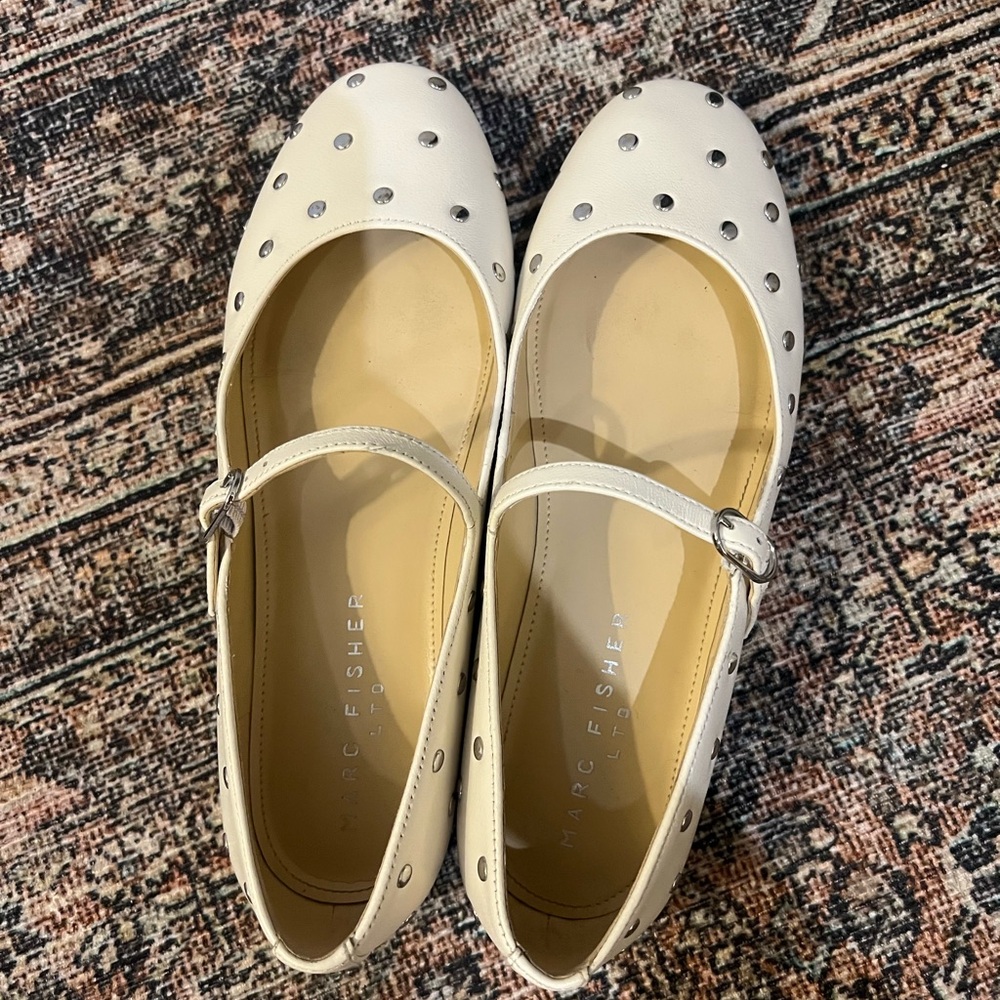 Marc Fisher Cream Mary Jane Flats with Silver Studs